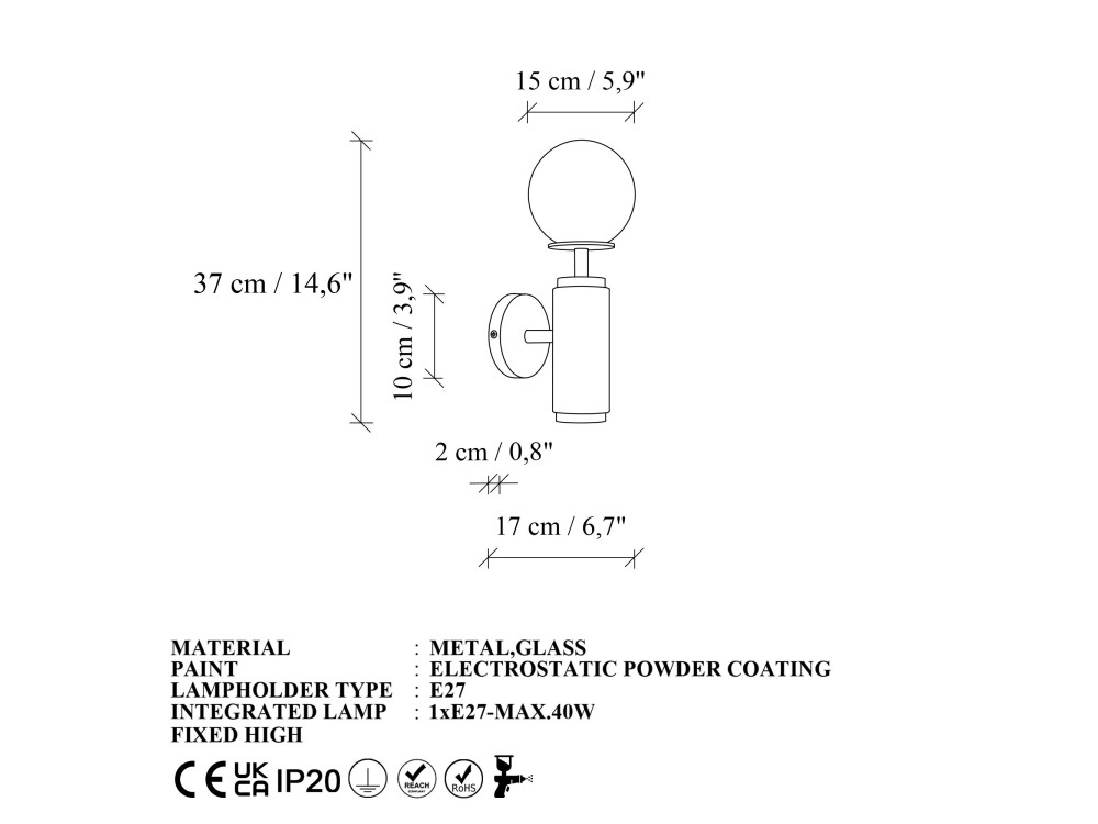 Aplique de pared de metal «Moira» - 15 x 17 x 37 cm - Rosa