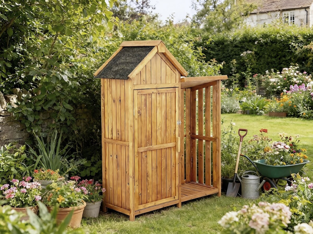 Armario de jardín de madera con compartimento para leña «Noé» - 136 x 57 x 170 cm - Marrón