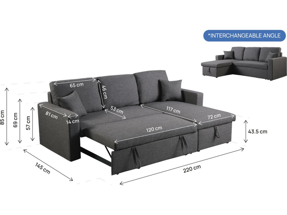 Sofá esquinero convertible "Alain" - 3 plazas - Gris