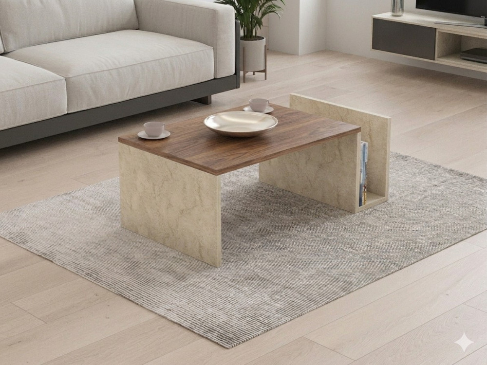 Mesa de centro de madera «Memo» - 86,8 x 32,4 x 50 cm - Travertino / Nogal de Venecia