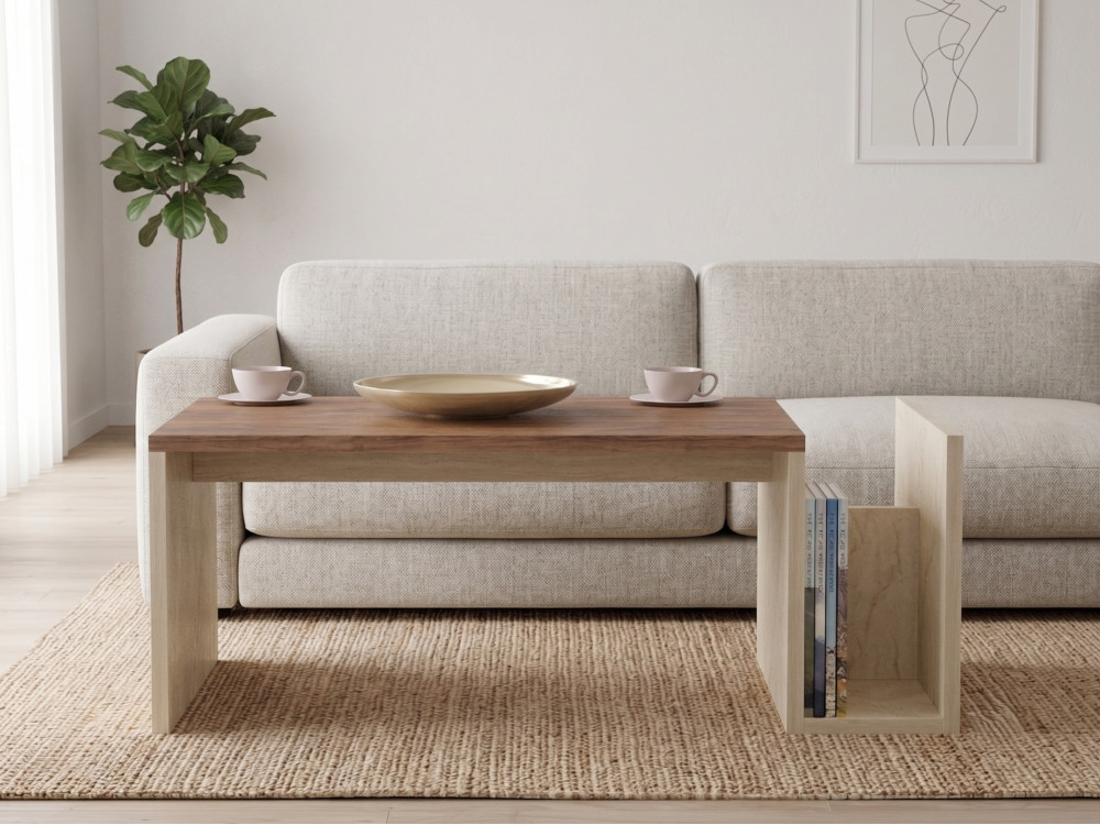 Mesa de centro de madera «Memo» - 86,8 x 32,4 x 50 cm - Travertino / Nogal de Venecia