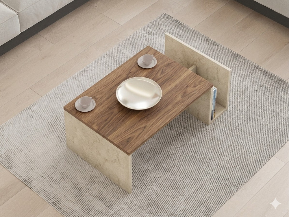 Mesa de centro de madera «Memo» - 86,8 x 32,4 x 50 cm - Travertino / Nogal de Venecia