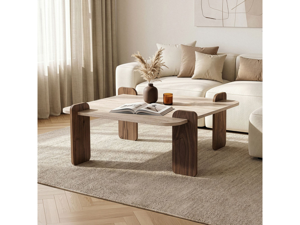 Mesa de centro de madera «Marais» - 117 x 35 x 117 cm - Travertino / Nogal Venezia