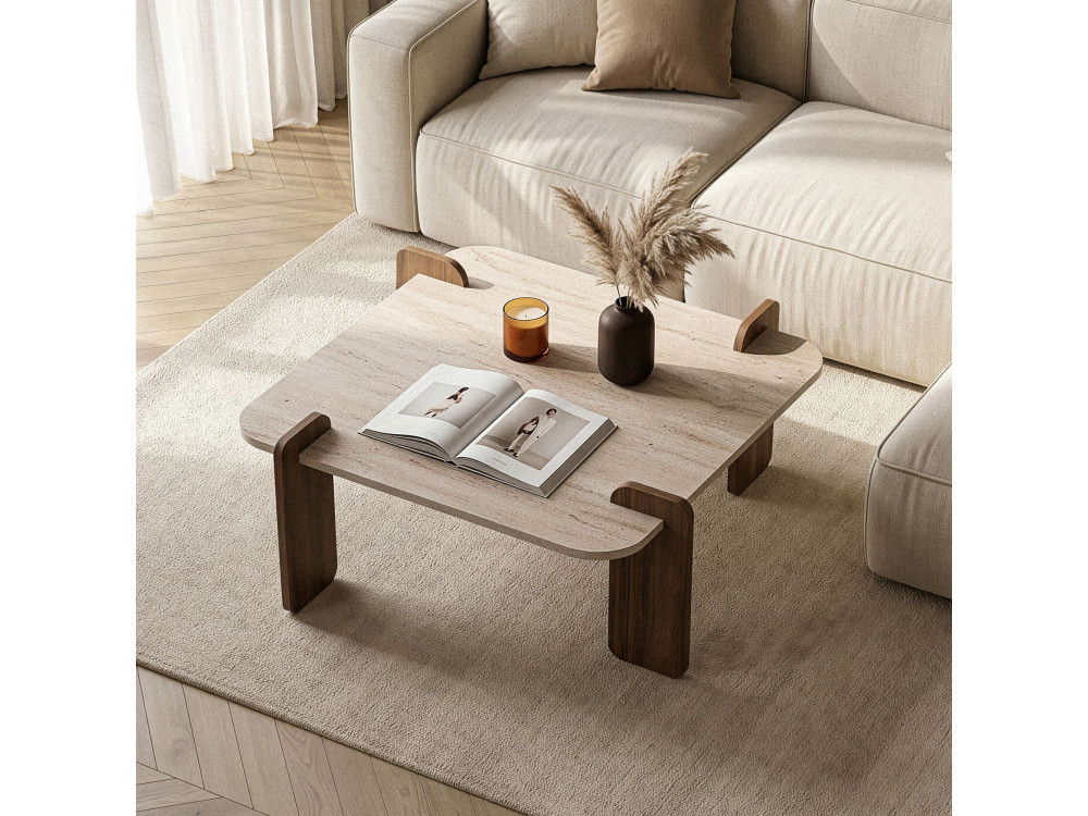 Mesa de centro de madera «Marais» - 117 x 35 x 117 cm - Travertino / Nogal Venezia