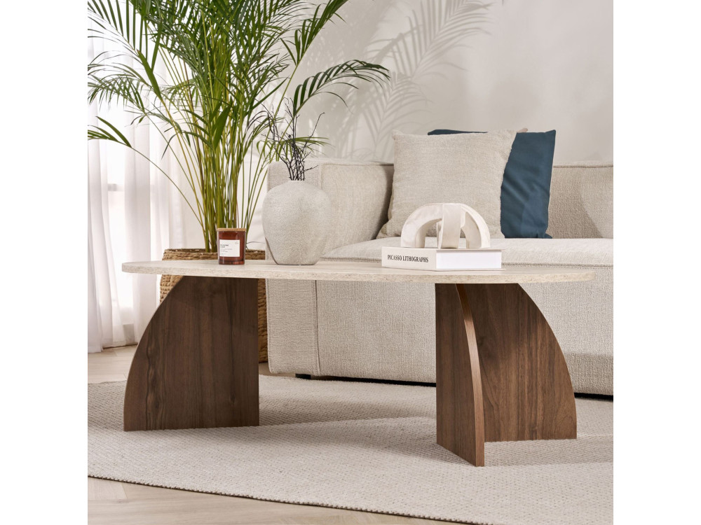 Mesa de centro de madera «Melina» - 120 x 40 x 60 cm - Travertino / Nogal de Venecia