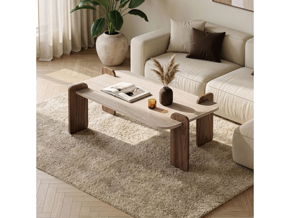 Mesa de centro de madera «Renard» - 147 x 35 x 87 cm - Travertino / Nogal Venezia