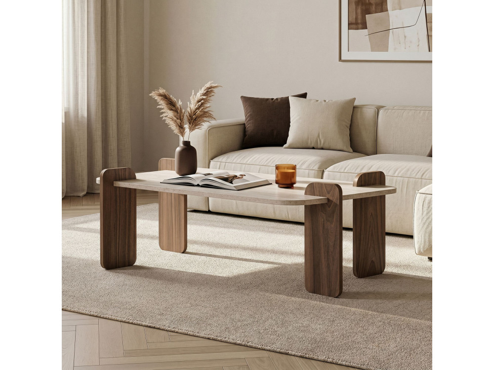Mesa de centro de madera «Renard» - 147 x 35 x 87 cm - Travertino / Nogal Venezia
