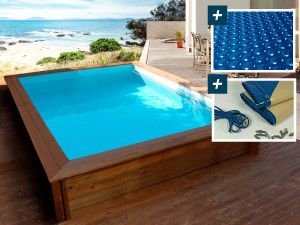 Piscina rectangular de madera "Toledo" - 3.00 x 2.00 x 0.71 m - Cubierta de burbujas 180 µ - Cubierta de invierno 280 g/m²