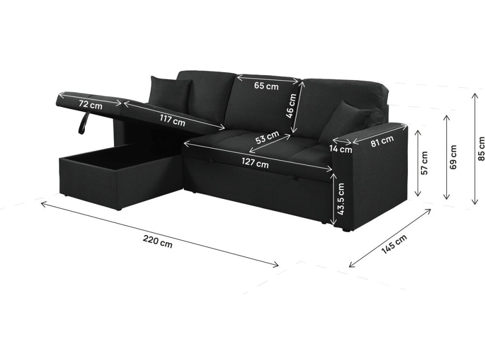 Sofá esquinero convertible/reversible estilo «bubble» «Alain» - 3 plazas - Negro