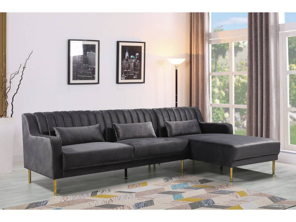 Sofá esquinero terciopelo - "Oliver" - 5 plazas - Gris - Esquina derecha