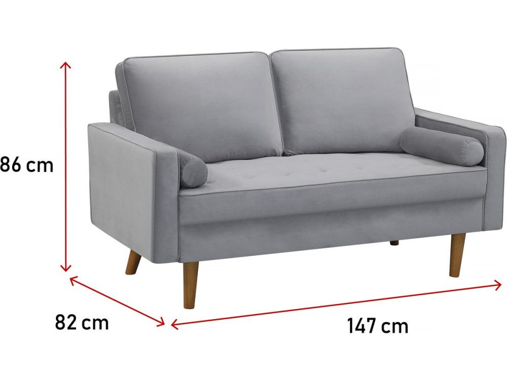 Sofá fijo de terciopelo "Yannick" - 82 x 147 x 86 cm - 2 plazas - Gris claro.
