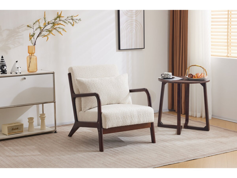 Sillón de tejido de rizo de estilo escandinavo de madera «Clinton»  - Blanco