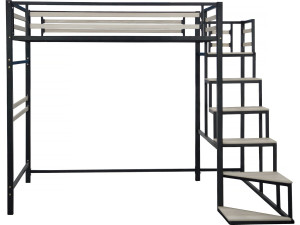 Cama alta de metal con escaleras "LENA" - 140 x 200 cm - Negro