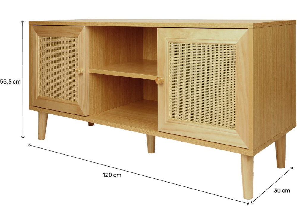 Mueble TV de caña escandinavo "Iguana" - 120 x 30 x 56,5 cm - Marrón