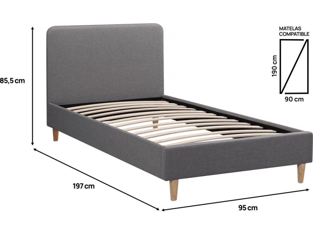 Cama individual de tela "Louise" 90 x 190 cm - Gris