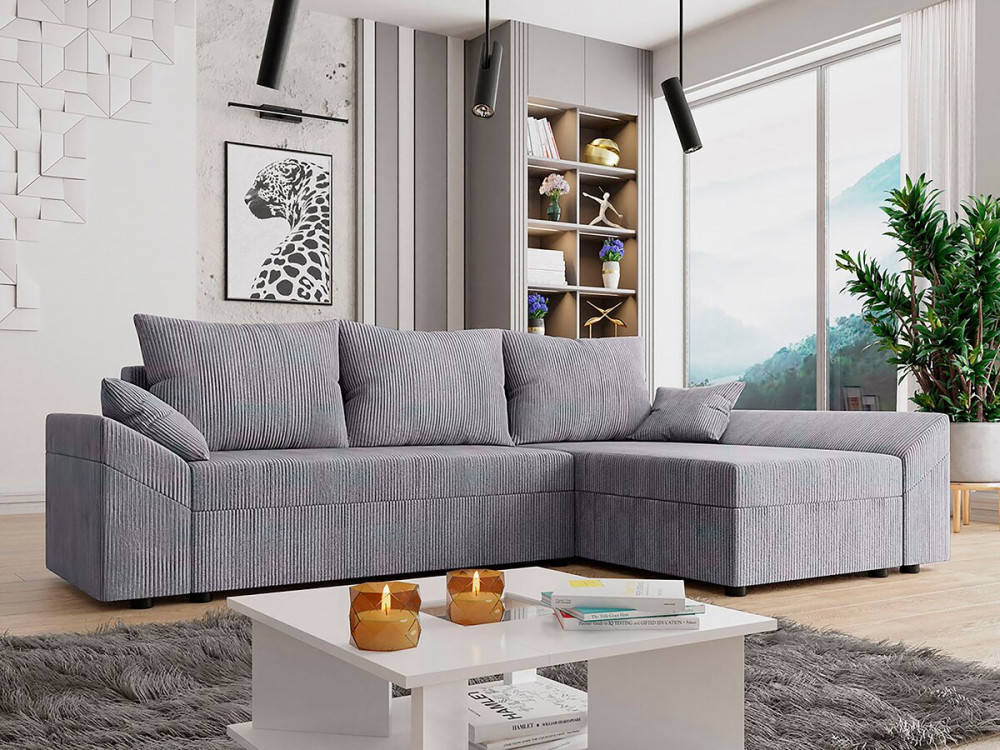 Sofá cama esquinero de pana "Vaugirard" con box - 3 plazas - Gris