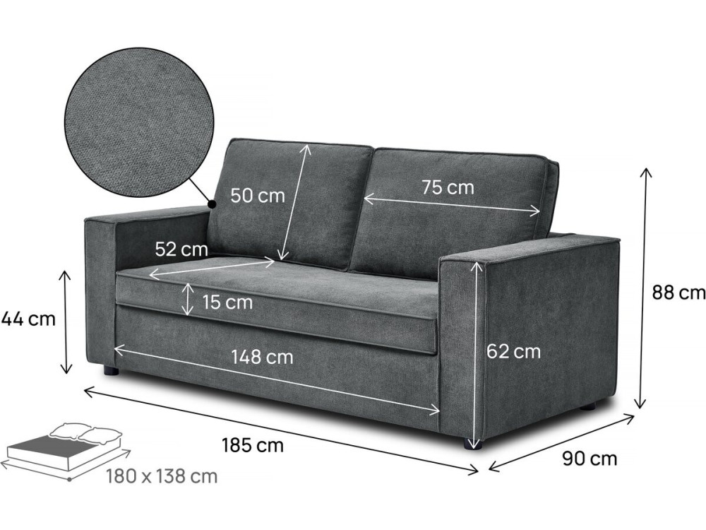 Sofá convertible de tela exprés "Clara" - 185 x 90 x 88 cm - Gris