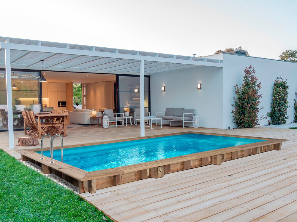 Piscina rectangular de madera "Tobago" - 6,20 x 3,00 x 1,31 m + Bomba de calor - Potencia 6,1 kW