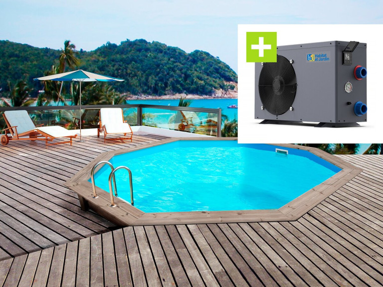 Piscina de madera "Venecia" - 5,80 x 1,31 m + Bomba de calor reversible "Simplicity by Hayward" ON/OFF - 5 kW - Blanco