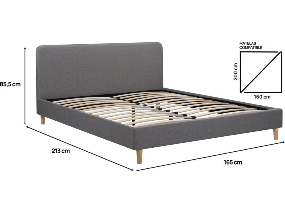Cama doble de tela "Louise" 160 x 200 cm - Gris