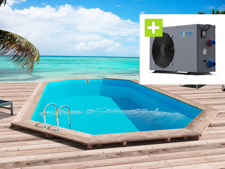 Piscina de madera "Sao Paulo" -  6.57 x 4.07 x 1.20m + Bomba de calor reversible  "Simplicity by Hayward" ON/OFF - 5 kW - Blanco