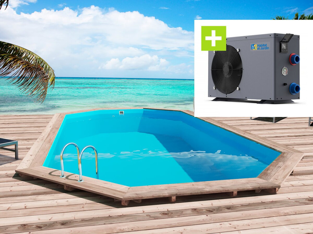 Piscina de madera "Sao Paulo" -  6.57 x 4.07 x 1.20m + Bomba de calor reversible  "Simplicity by Hayward" ON/OFF - 5 kW - Blanco