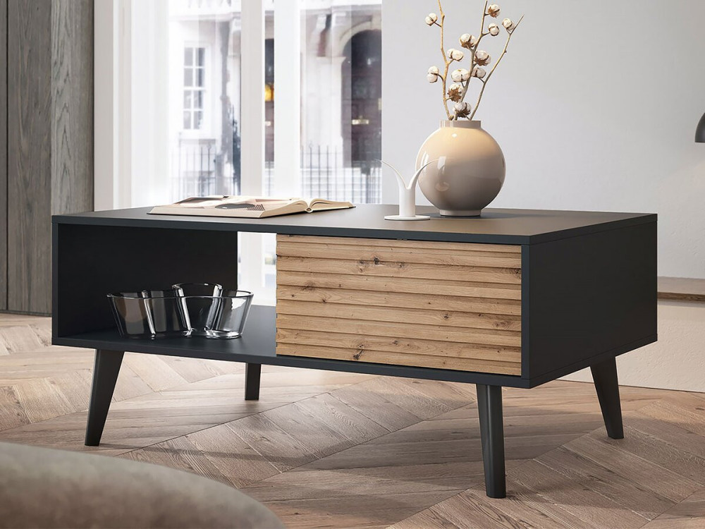 Mesa baja rectangular de madera "Silas" - Negro/Roble artesanal