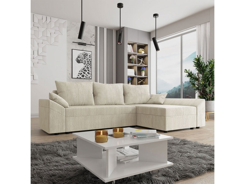 Sofá cama esquinero de pana "Vaugirard" con box - 3 plazas - Beige
