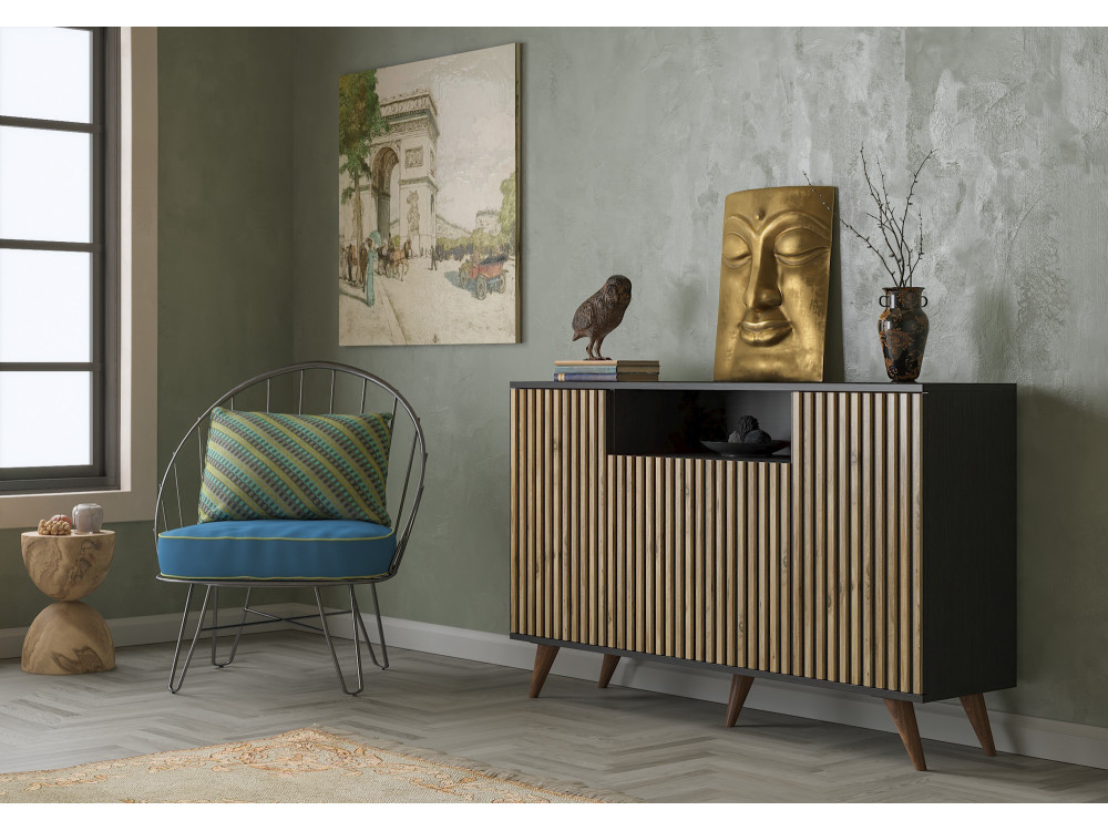 FRN-9004-1" aparador de madera - 140 x 35 x 91 cm - Madera, Negro, Pino atlántico