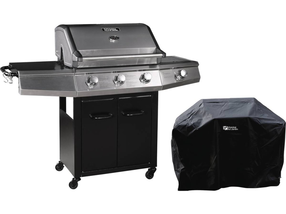 Barbacoa a gas "Bingo 4" - 4 quemadores (1 lateral) - 14kW + Funda de protección -  Negro