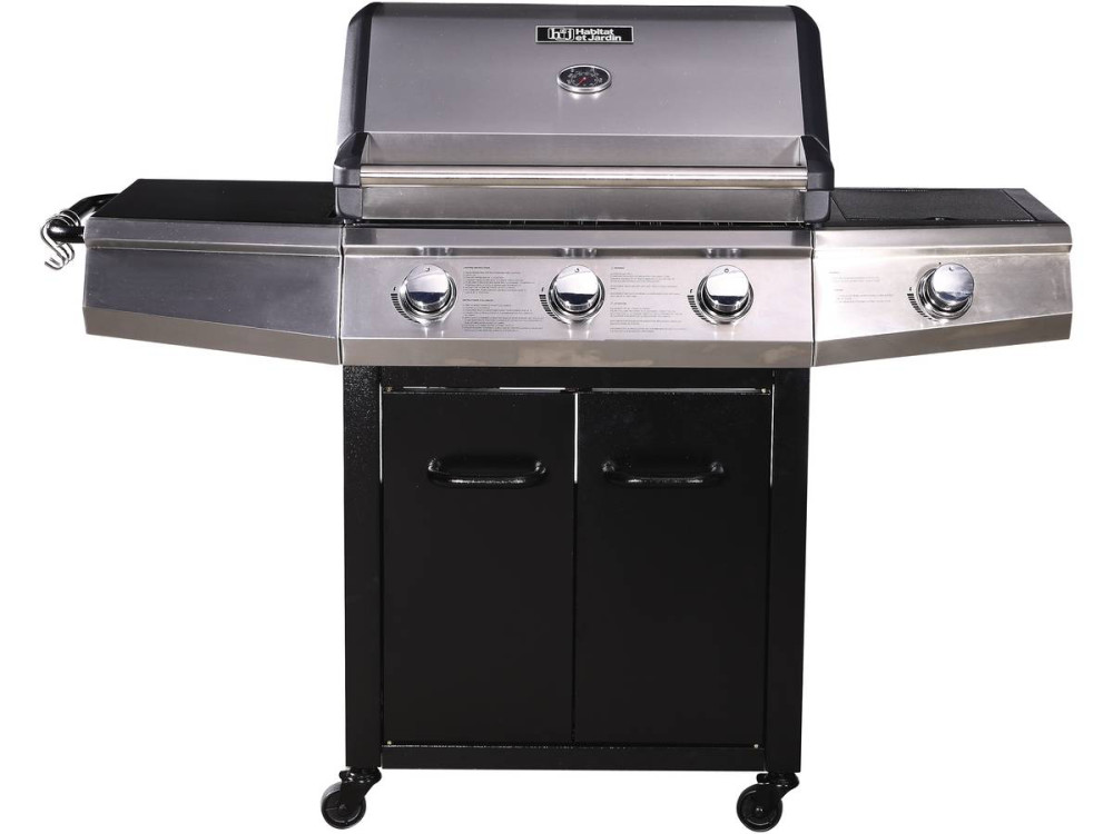 Barbacoa a gas "Bingo 4" - 4 quemadores (1 lateral) - 14kW + Funda de protección -  Negro