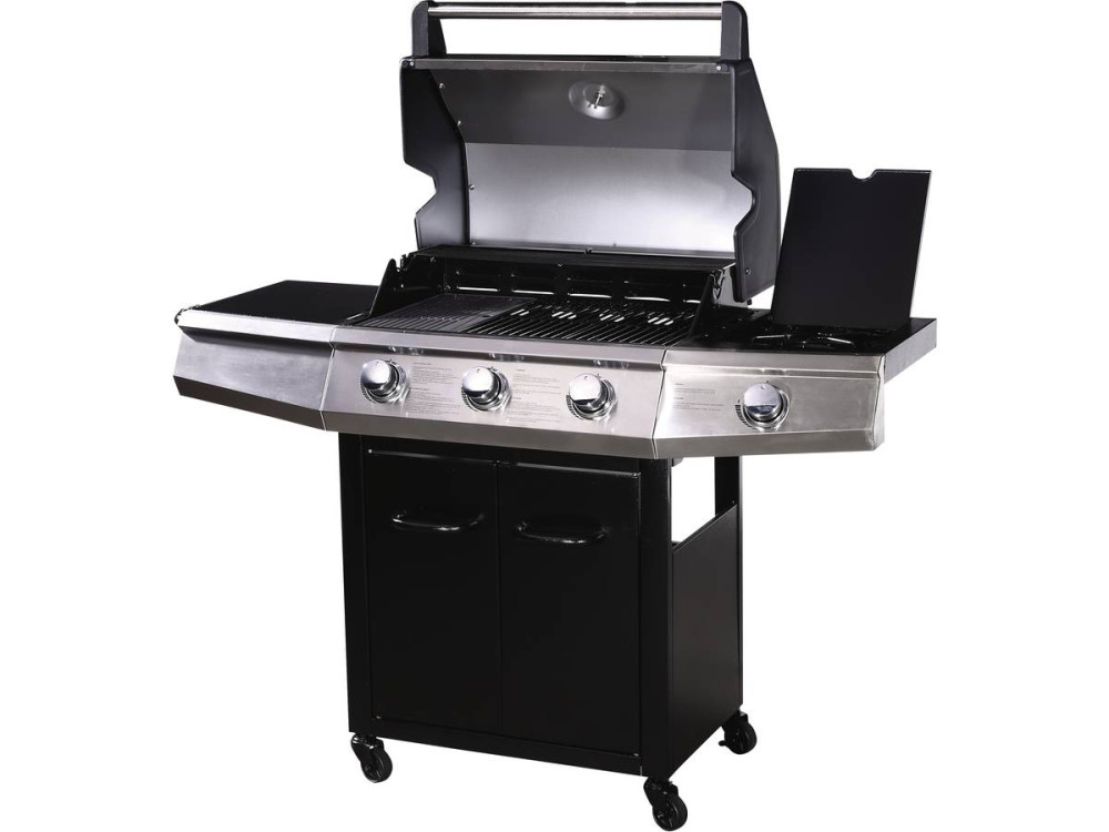 Barbacoa a gas "Bingo 4" - 4 quemadores (1 lateral) - 14kW + Funda de protección -  Negro