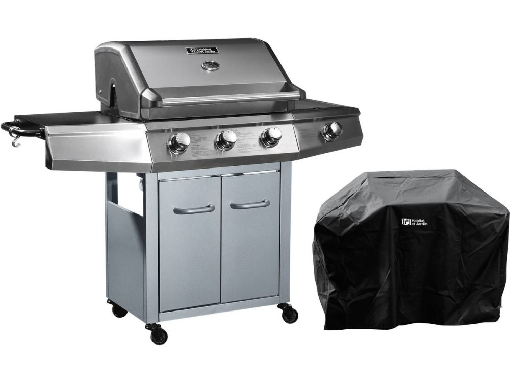 Barbacoa a gas con LED "Bingo 4" - 4 quemadores (1 lateral) - 14kW + Funda de protección- Plateado