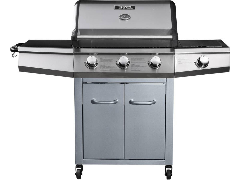 Barbacoa a gas con LED "Bingo 4" - 4 quemadores (1 lateral) - 14kW + Funda de protección- Plateado