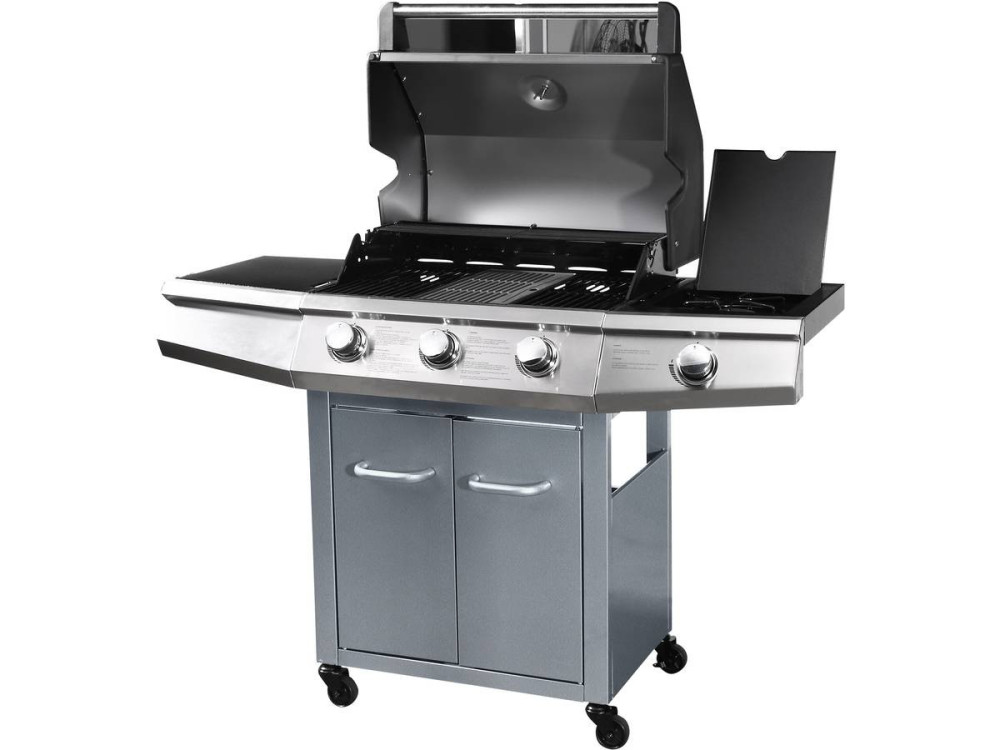 Barbacoa a gas con LED "Bingo 4" - 4 quemadores (1 lateral) - 14kW + Funda de protección- Plateado