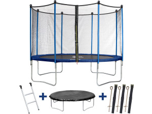 Trampolin / cama elástica  " Happy " -  Ø 3.65 m - con malla + escalera + covertura+ kit de anclaje