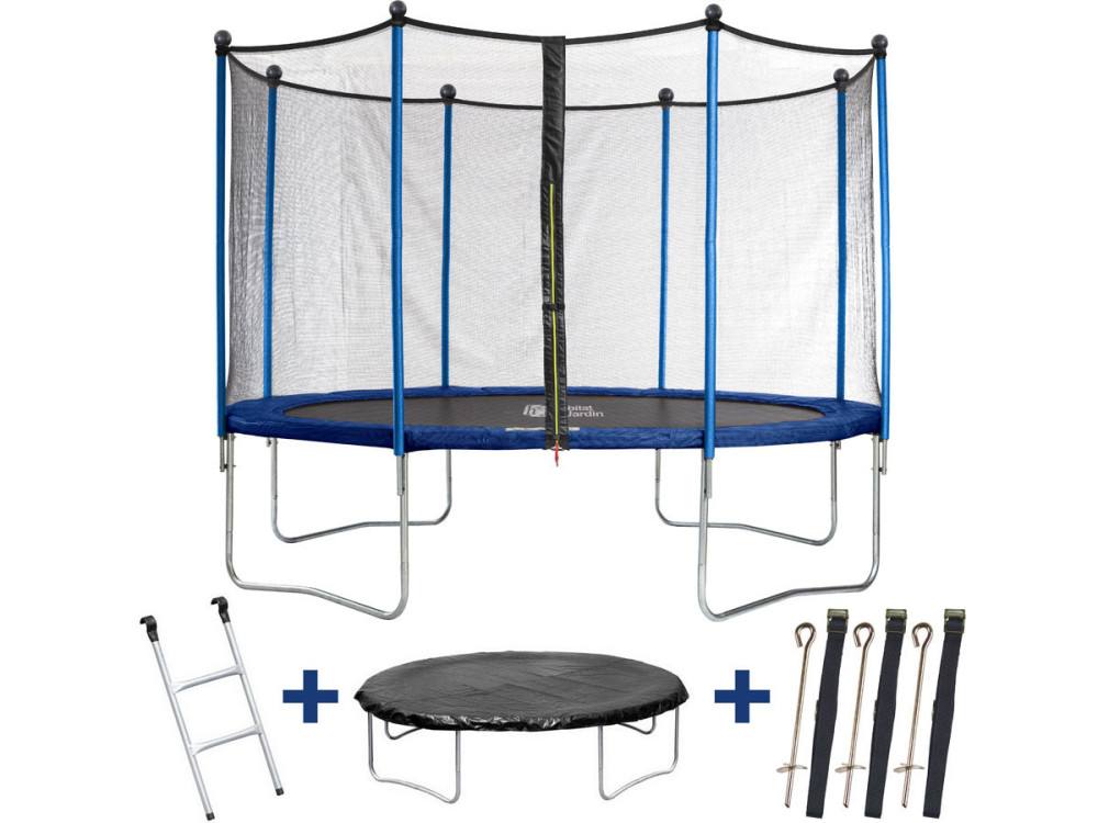 Trampolin / cama elástica  " Happy " -  Ø 3.65 m - con malla + escalera + covertura+ kit de anclaje