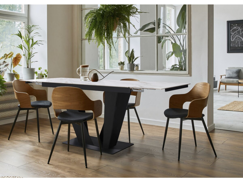 Mesa de comedor extensible de cerámica - 160/240 cm - 6 a 10 personas "Nova" - Blanco jaspeado dorado