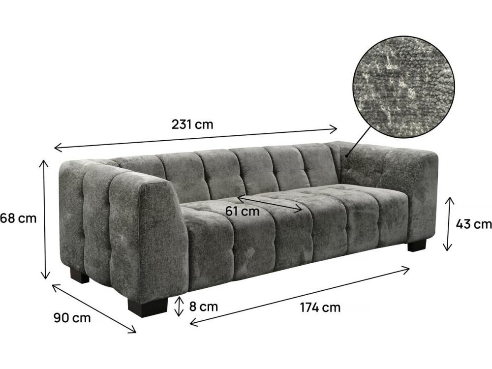 Sofá recto de diseño en tejido de chenilla 3 plazas "Foch" - Gris