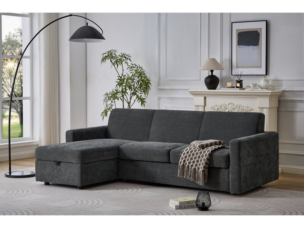 Sofá cama esquinero reversible "Celia" con mecanismo convertible exprés, tapizado en tela, 3 plazas, Gris