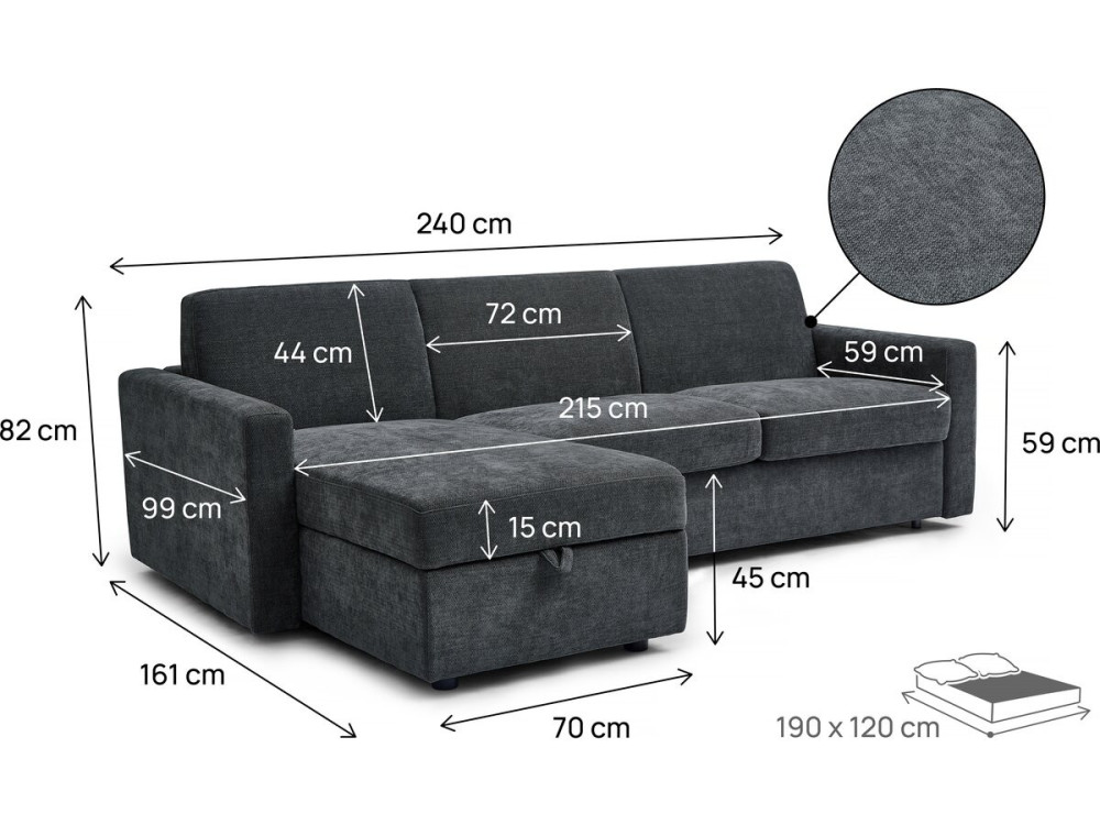Sofá cama esquinero reversible "Celia" con mecanismo convertible exprés, tapizado en tela, 3 plazas, Gris