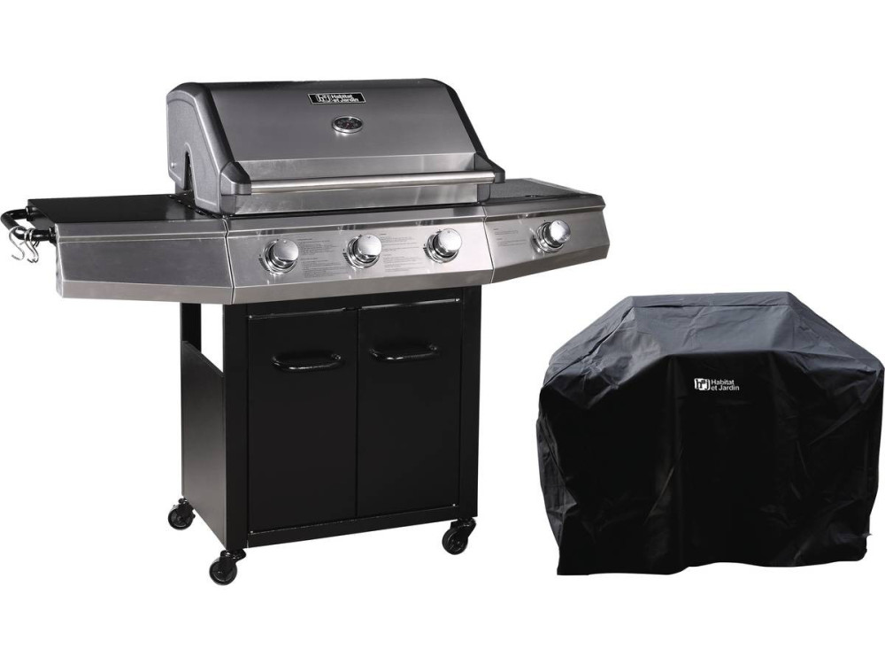 Barbacoa a gas con LED "Bingo 4" - 4 quemadores (1 lateral) - 14kW + Funda de protección- Negro