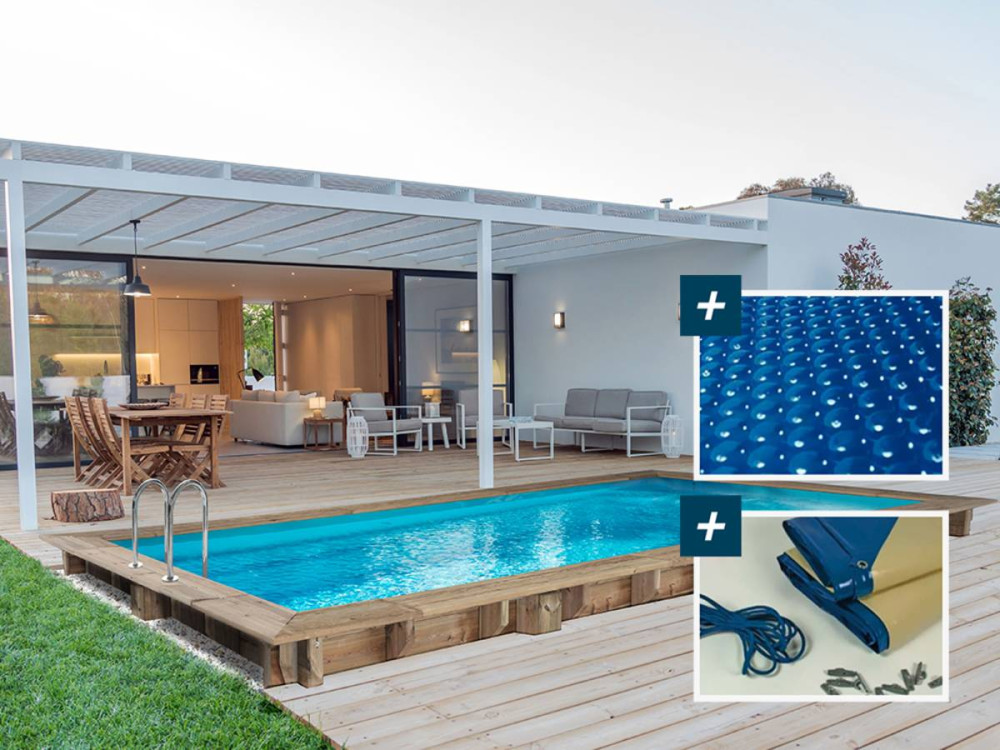 Piscina rectangular de madera "Tobago" - 6,20 x 3,00 x 1,31 m + cubierta de burbujas de 180 µ - cubierta de invierno de 280 g/m²
