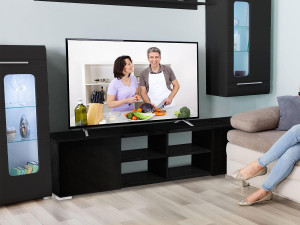 Mueble TV "Alicia" en MDF lacado negro - 4 nichos y 2 puertas