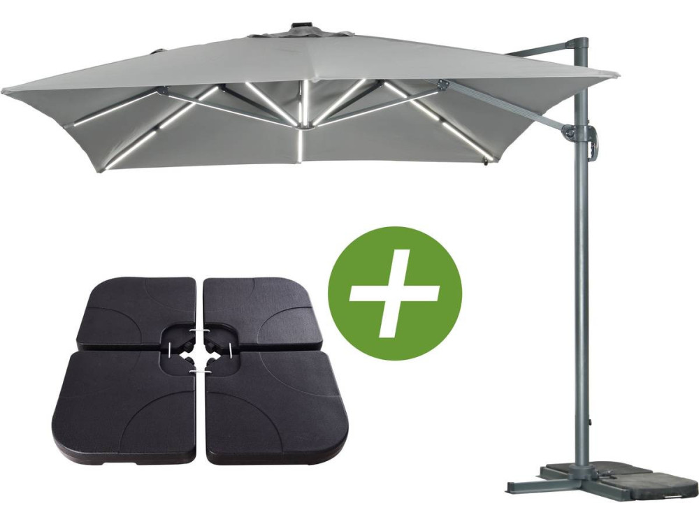 Parasol de jardin LED Alu "Sun 3 Luxe" - Cuadrado - 3 x 3 m - Gris - Bases incluidas