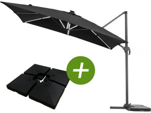 Sombrilla de jardin deportada LED aluminio "Sun 4 Luxe" - Rectángulo - 3 x 4 m - Negro + Pesas incluidas