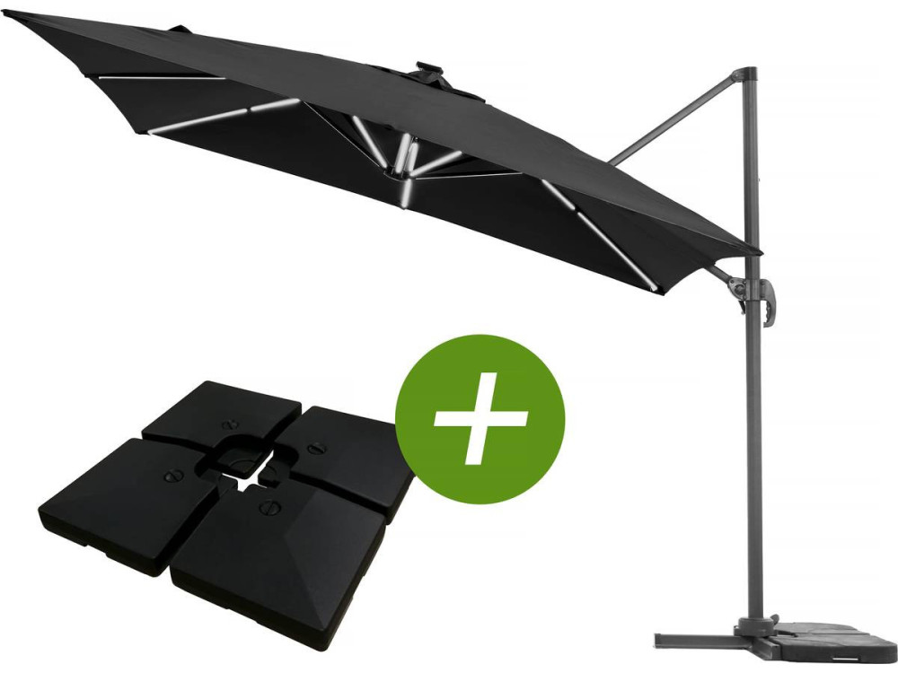 Sombrilla de jardin deportada LED aluminio "Sun 4 Luxe" - Rectángulo - 3 x 4 m - Negro + Pesas incluidas
