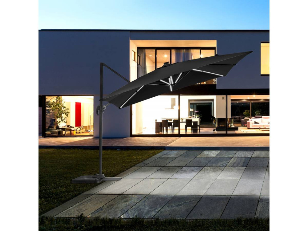 Sombrilla de jardin deportada LED aluminio "Sun 4 Luxe" - Rectángulo - 3 x 4 m - Negro + Pesas incluidas