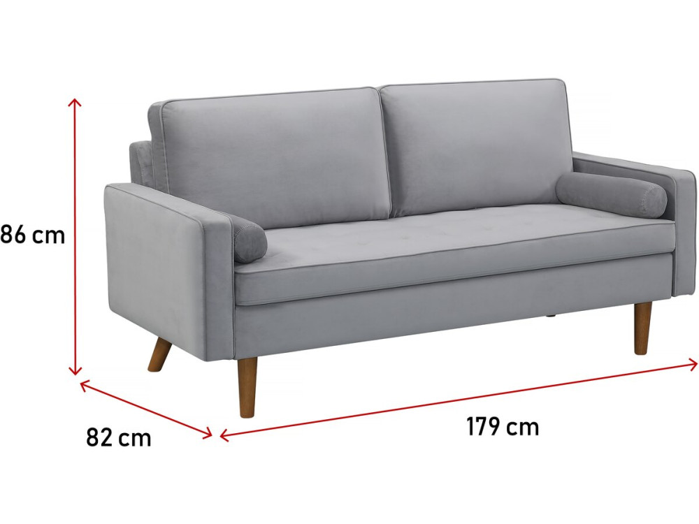 Sofá terciopelo "Yannick" - 82 x 179 x 86 cm - 3 plazas - Gris claro