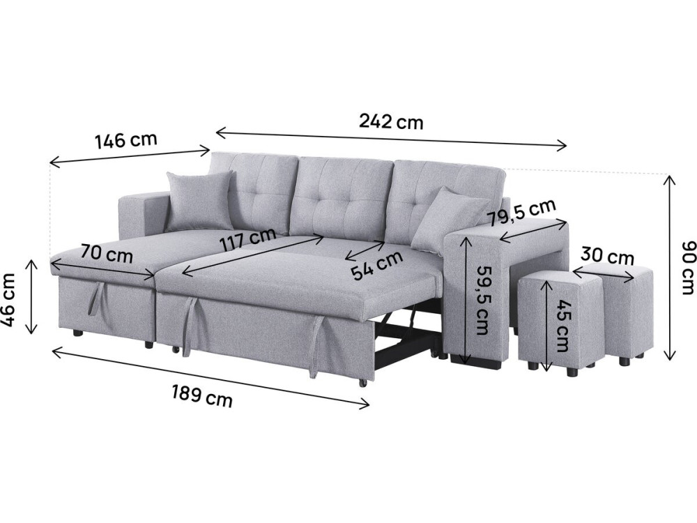Sofá cama esquinero "Noah" de tela - 4 plazas - Gris claro